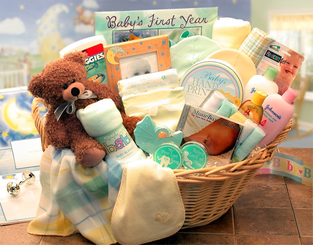 Deluxe Welcome Home Precious Baby Basket-Yellow/Teal