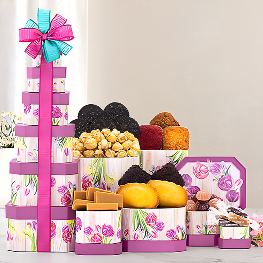 Floral Celebration: Gourmet Gift Tower